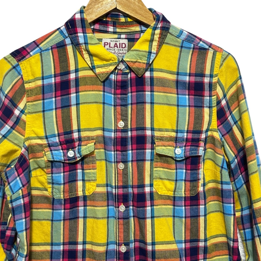Old Navy Womens Button Plaid Shirt L Multicolor Front Pockets‎ Y2K Retro Grunge - Picture 3 of 7